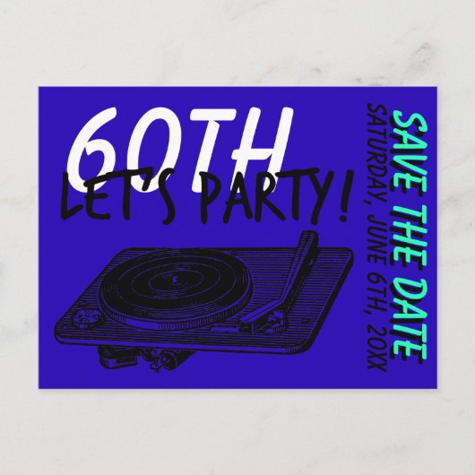 Carte Postale Faire-part 60e fête d'anniversaire 60s Bleu Enregistrer la da (Devant)
