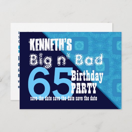 Carte Postale Faire-part 65e Anniversaire Enregistrer la Date Bleu Diagonal (Devant / Derrière)