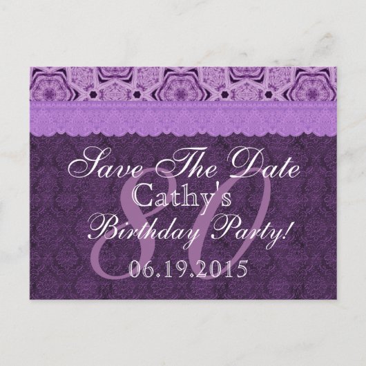 Carte Postale Faire-part 80e Anniversaire Enregistrer la Date Purple Antiqu (Devant)