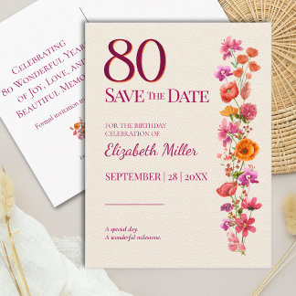 Carte Postale Faire-part 80th Birthday Burgundy Wildflower Save the Date