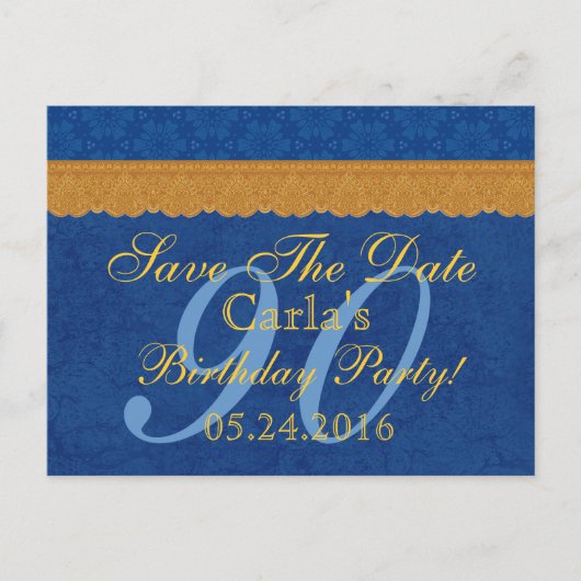 Carte Postale Faire-part 90e Anniversaire Enregistrez la Date Broderie Bleu (Devant)