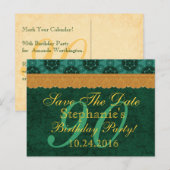 Carte Postale Faire-part 90e Date à Sauver Vert et Or Dentelle (Devant / Derrière)