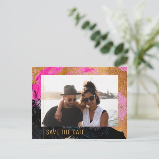 Carte Postale Faire-part Abstrait moderne peinture or script photo mariage (Debout devant)