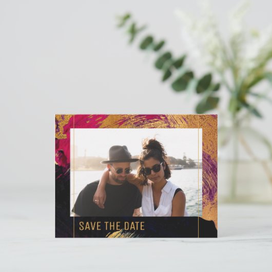 Carte Postale Faire-part Abstrait moderne peinture or script photo mariage (Debout devant)