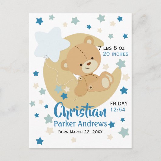 Carte Postale Faire-part Adorable Teddy Bear Baby Boy Stats de naissance (Devant)