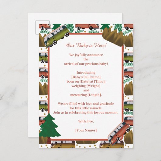 Carte Postale Faire-part Adventure Await : Camper Baby Boy (Devant / Derrière)