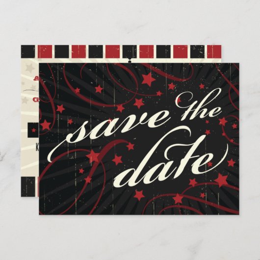 Carte Postale Faire-part Affiche Rustique : Rouge & Noir Enregistrez la Dat (Devant / Derrière)