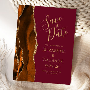 Carte Postale Faire-part Agate Burnt Orange Or Bourgogne Enregistrer la dat