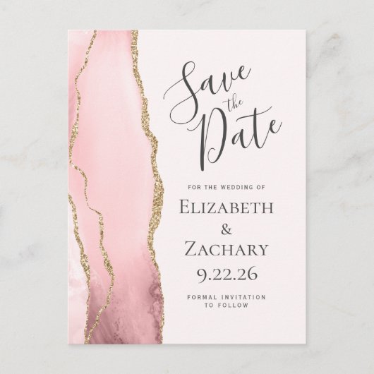 Carte Postale Faire-part Agate moderne Blush Gold Enregistrer la date Annon (Devant)