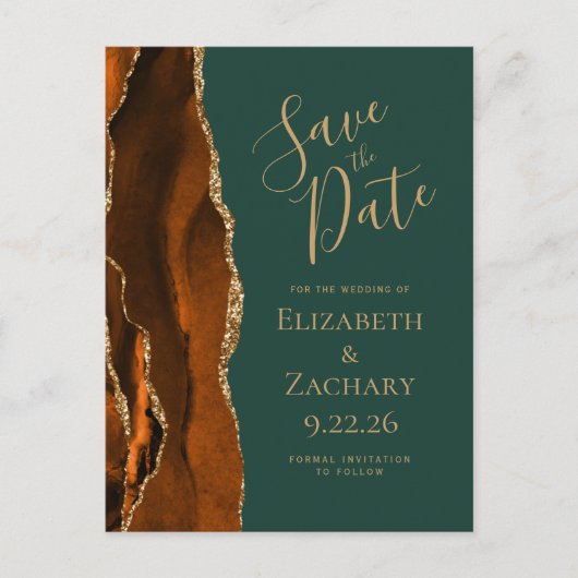 Carte Postale Faire-part Agate Rust Gold Emerald Green Enregistrer la date (Devant)