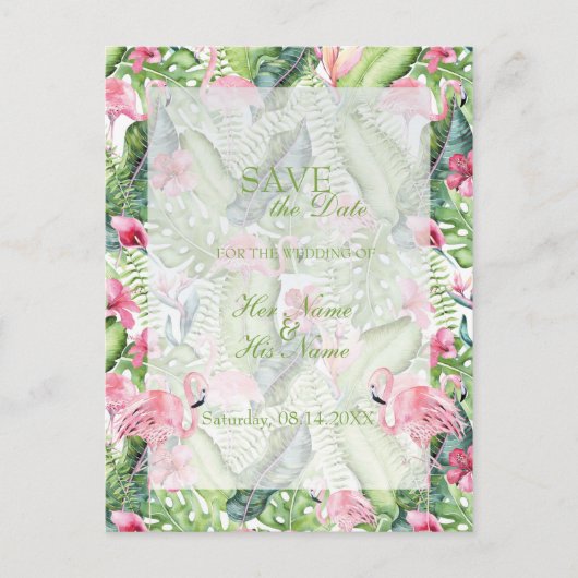 Carte Postale Faire-part Aloha Flamant rose Plage tropicale SAVE la date (Devant)