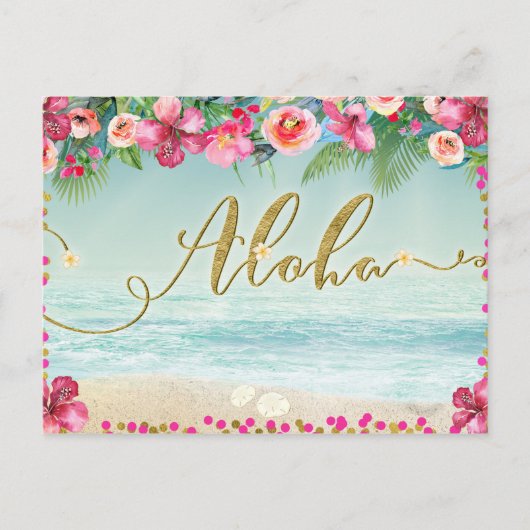 Carte Postale Faire-part ALOHA Or Tropical Beach Hibiscus Enregistrer la Da (Devant)