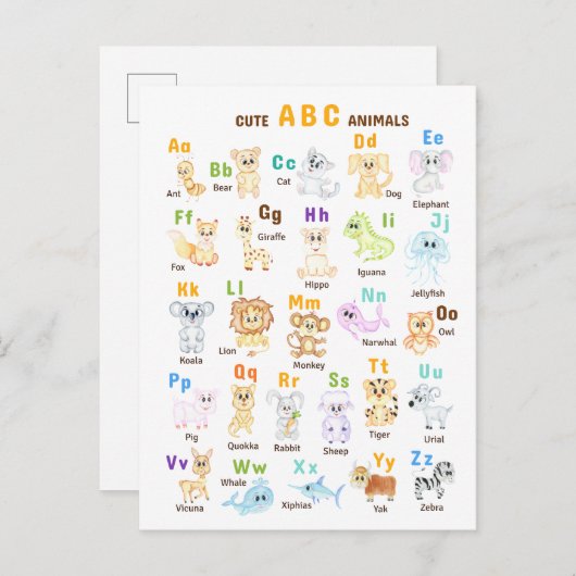 Carte Postale Faire-part Alphabet Animal ABC Mets animaux (Devant / Derrière)