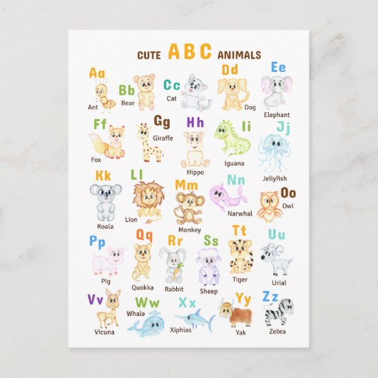 Carte Postale Faire-part Alphabet Animal ABC Mets animaux (Devant)
