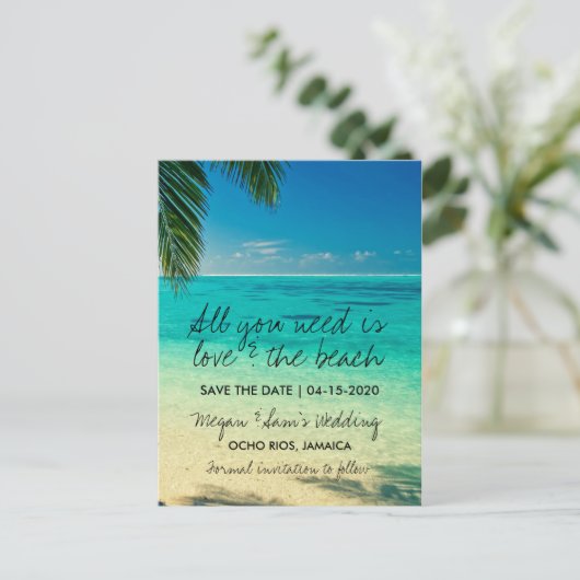 Carte Postale Faire-part Amour et destination de plage Enregistrez la date (Debout devant)