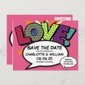 Carte Postale Faire-part AMOUR Sauvegarder la Date Fun Rétro Bande Dessinée (Devant / Derrière)