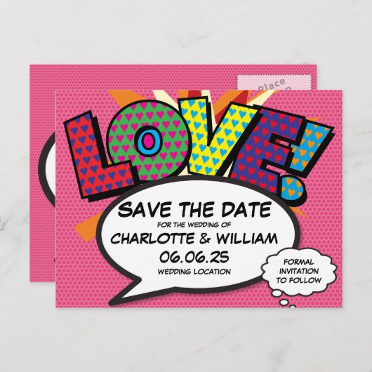 Carte Postale Faire-part AMOUR Sauvegarder la Date Fun Rétro Bande Dessinée (Devant / Derrière)