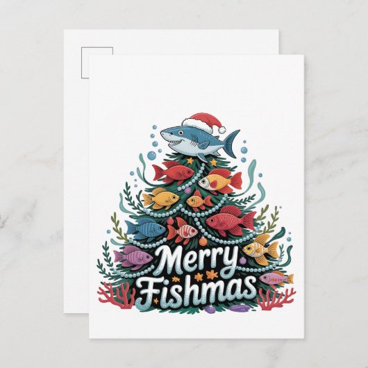 Carte Postale Faire-part Amusante Pêche Arbre de Noël Poisson Amant Fisher (Devant / Derrière)