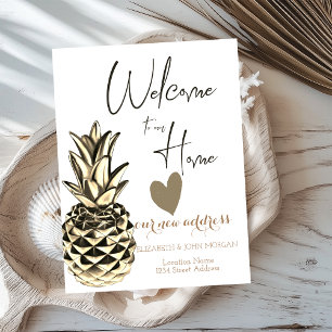 Carte Postale Faire-part Ananas métallisé or, cœur Nouvelle adresse