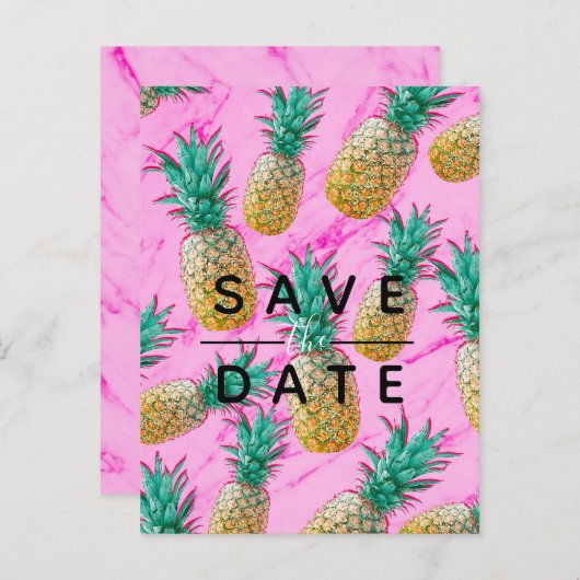 Carte Postale Faire-part Ananas tropical Marbre rose Enregistrer la date (Devant / Derrière)