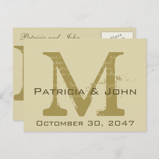 Carte Postale Faire-part Ancien parchemin, Monogramme Or Mariage Enregistre (Devant / Derrière)