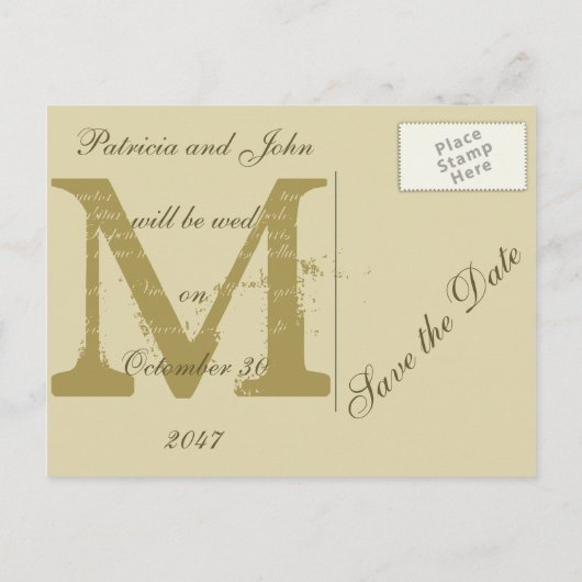 Carte Postale Faire-part Ancien parchemin, Monogramme Or Mariage Enregistre (Dos)