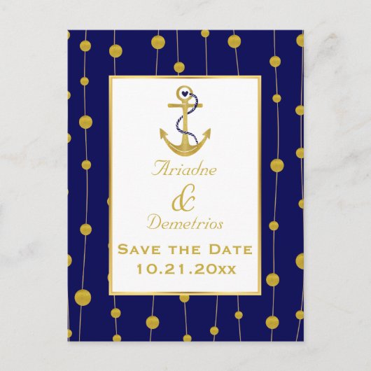 Carte Postale Faire-part Ancrage en feuille d'or mariage nautique Enregistr (Devant)