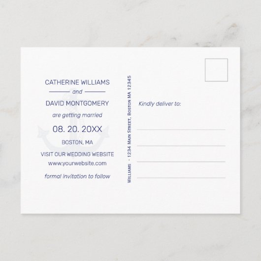 Carte Postale Faire-part Ancre bleu marine photo mariage Enregistrer la dat (Dos)