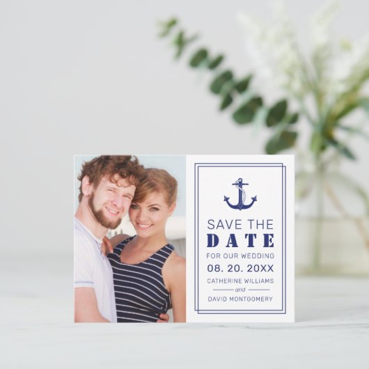 Carte Postale Faire-part Ancre bleu marine photo mariage Enregistrer la dat (Debout devant)