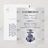 Carte Postale Faire-part Ancre Bleue Argent Blanc Cercle Marine Monogramme  (Devant / Derrière)