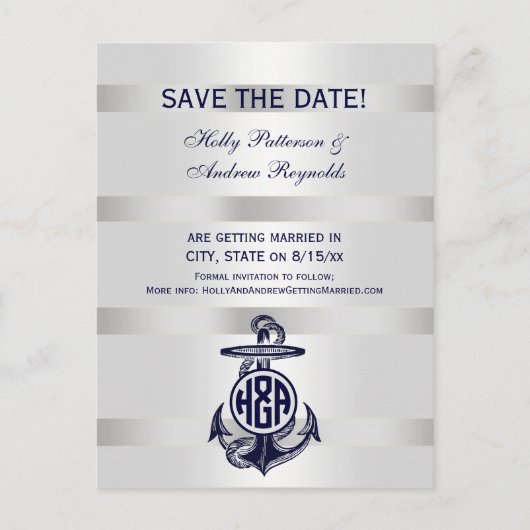 Carte Postale Faire-part Ancre Bleue Argent Blanc Cercle Marine Monogramme  (Devant)