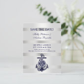 Carte Postale Faire-part Ancre Bleue Argent Blanc Cercle Marine Monogramme  (Debout devant)