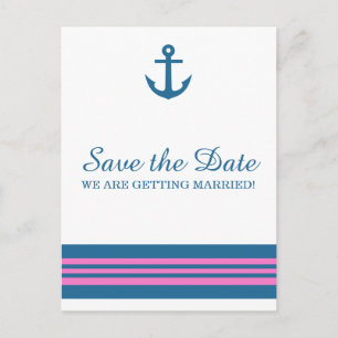 Carte Postale Faire-part Ancre bleue rose nautique Enregistrer la date Cart
