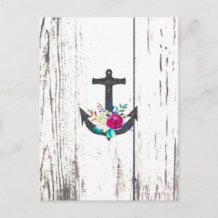 Carte Postale Faire-part Ancre de plage rustique et fleurs audacieuses pour