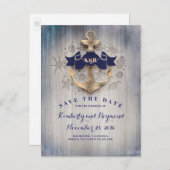 Carte Postale Faire-part Ancre dorée nautique save the date (Devant / Derrière)