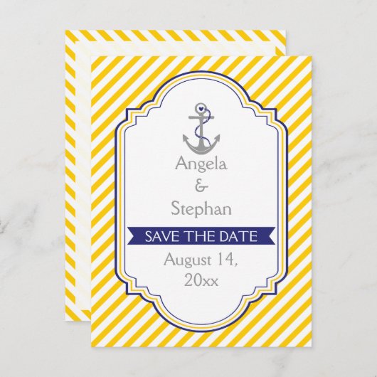 Carte Postale Faire-part Ancre jaune blanc mariage nautique Enregistrer la (Devant / Derrière)