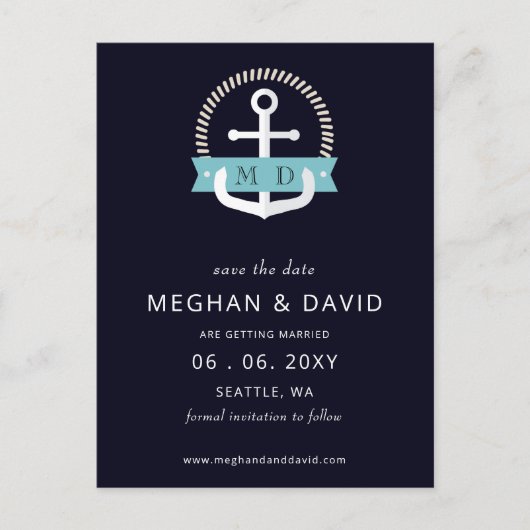 Carte Postale Faire-part Ancre marine moderne Monogramme nautique Mariage E (Devant)
