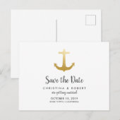 Carte Postale Faire-part Ancre Nautique Feuille Dorée Fausse | Save The Dat (Devant / Derrière)