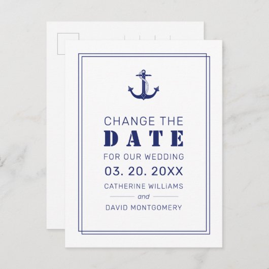 Carte Postale Faire-part Ancre nautique Mariage bleu Enregistrer la date (Devant / Derrière)