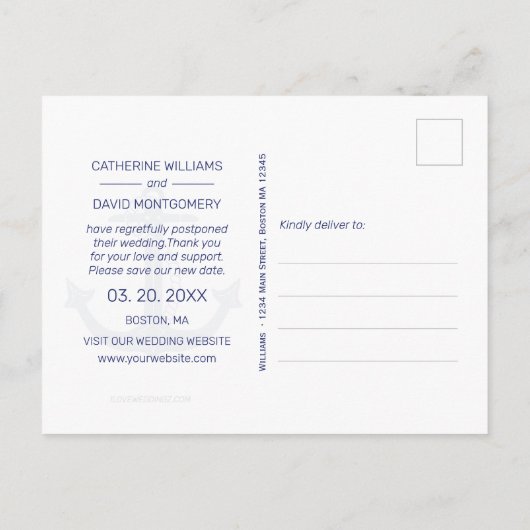 Carte Postale Faire-part Ancre nautique Mariage bleu Enregistrer la date (Dos)
