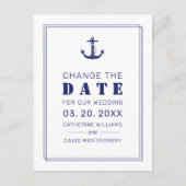 Carte Postale Faire-part Ancre nautique Mariage bleu Enregistrer la date (Devant)