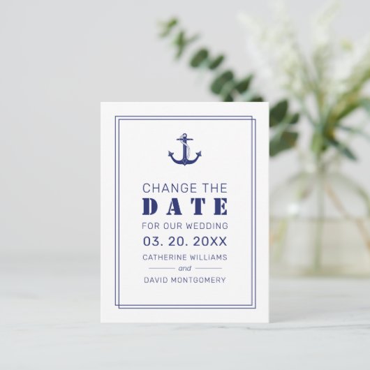 Carte Postale Faire-part Ancre nautique Mariage bleu Enregistrer la date (Debout devant)