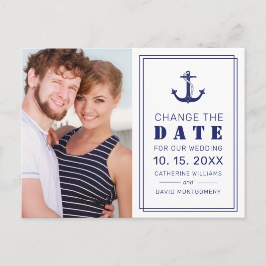 Carte Postale Faire-part Ancre nautique Mariage bleu Modifier la date (Devant)