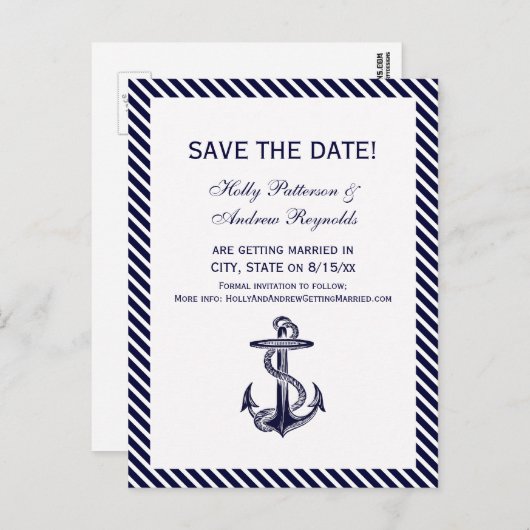 Carte Postale Faire-part Ancre nautique Marine Diag Stripe 2V Enregistrer l (Devant / Derrière)