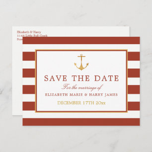Carte Postale Faire-part Ancre Or Nautique, Brique Rouge Enregistrer La Dat