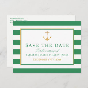 Carte Postale Faire-part Ancre Or Nautique, Or Vert Mer Enregistrer La Date