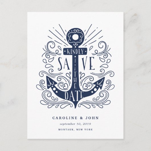 Carte Postale Faire-part Ancre tirée à la main Enregistrer la date (Devant)
