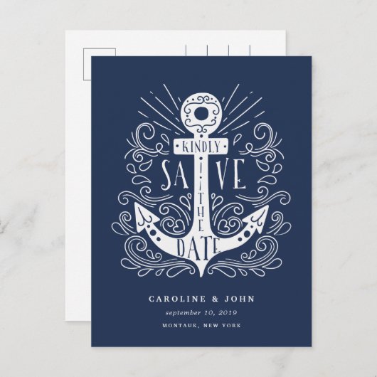 Carte Postale Faire-part Ancre tirée à la main Enregistrer la date (Devant / Derrière)