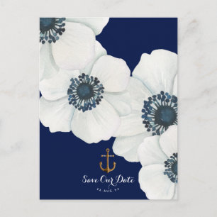 Carte Postale Faire-part Anémone blanche marine + Ancre Enregistrer la date