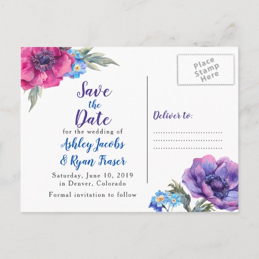 Carte Postale Faire-part Anémone Photo Floral Mariage Enregistrer la Date (Dos)